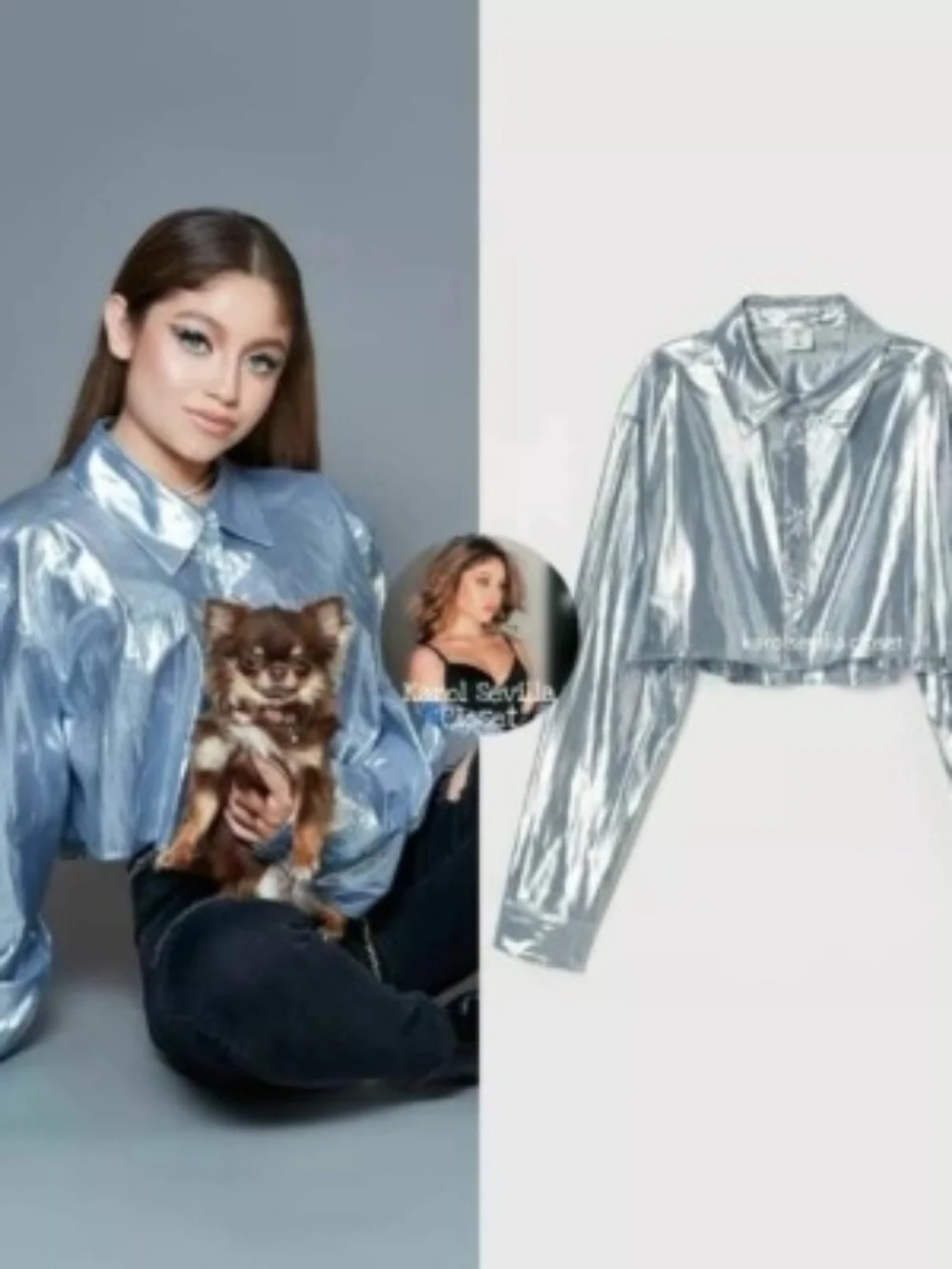 💘 Justine Skye X H&M Silver Metallic Crop Top Button Down Long Sleeve Size L - Picture 2 of 7